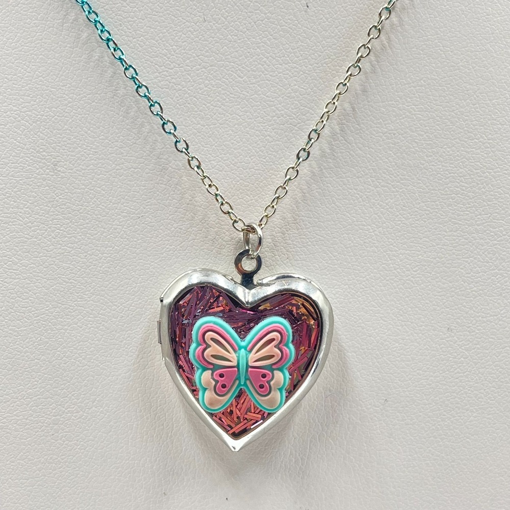 Vintage Claire's Heart Locket Butterfly Pendant Teal Silver Tone Necklace Retro